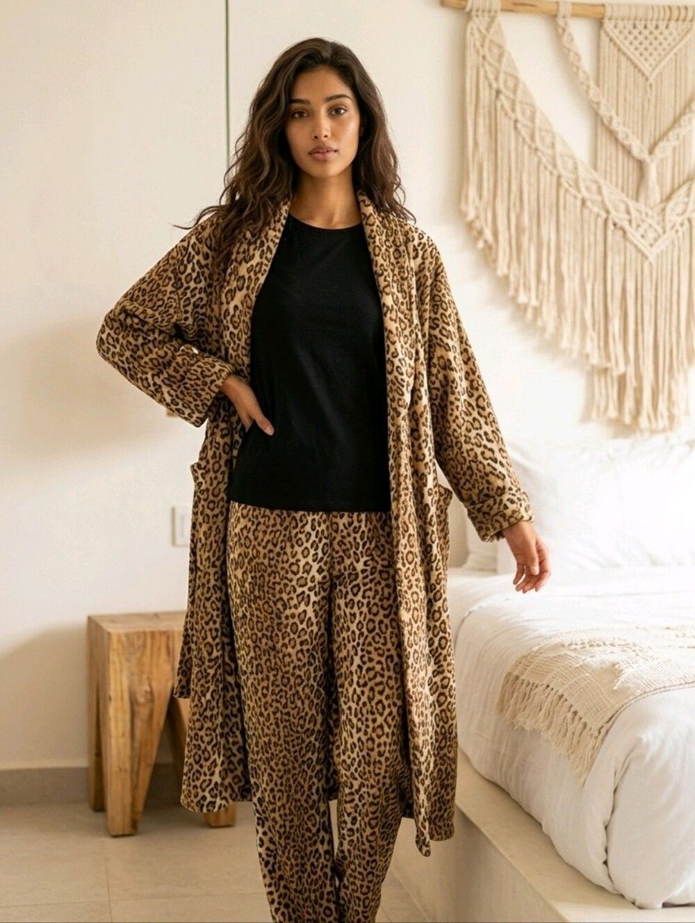 Leopard Print Cozy Fleece Bathrobe Cozycore Long Belted Lounge Self-care Winter